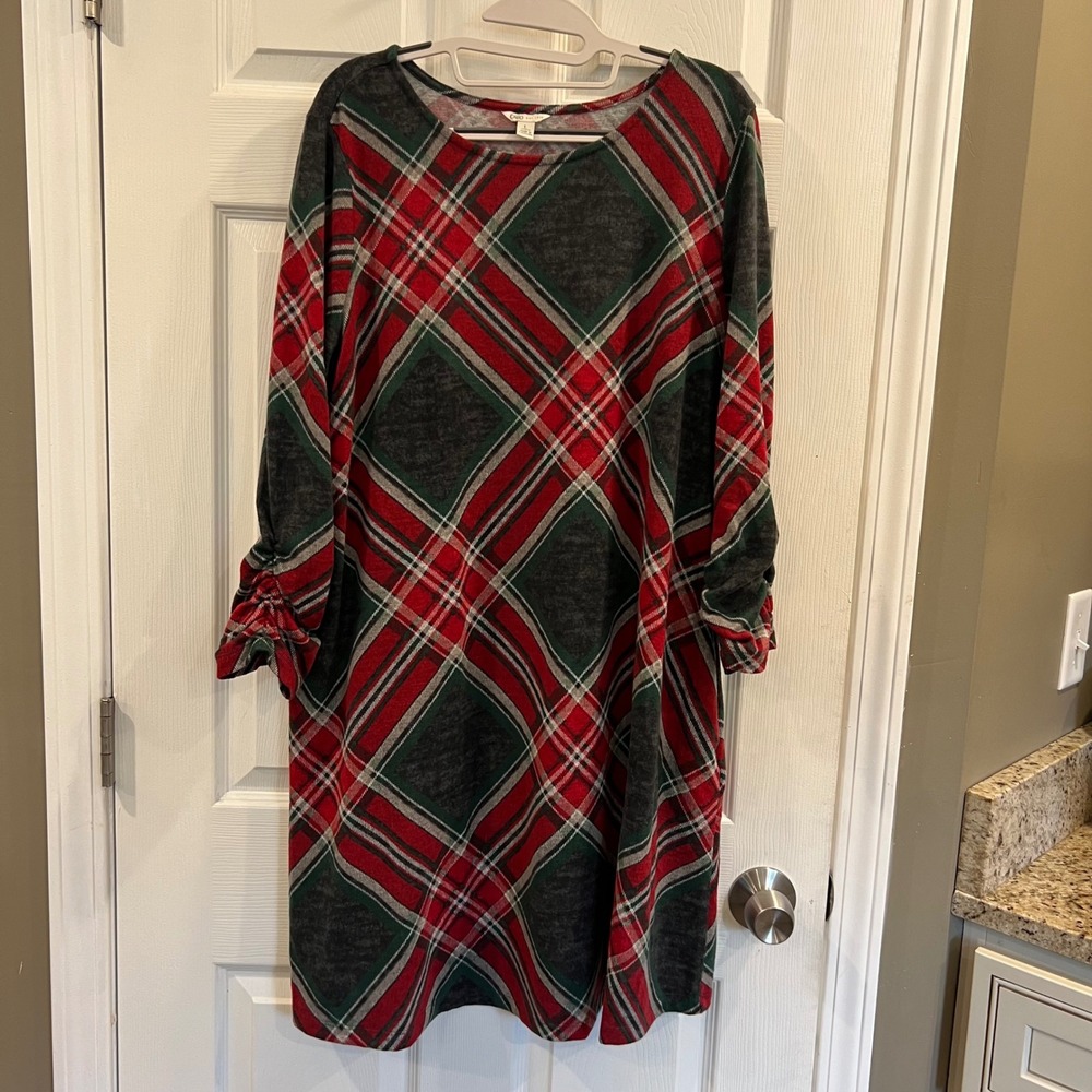 Cato Red Green Plaid Long Sleeve Ruched Cuff‎ Knit Dress Large
